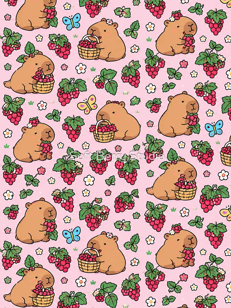 Thumbnail 4 of 4, iPhone Case, Capybara Raspberry Garden Pattern designed and sold by Soft Berry Studio.