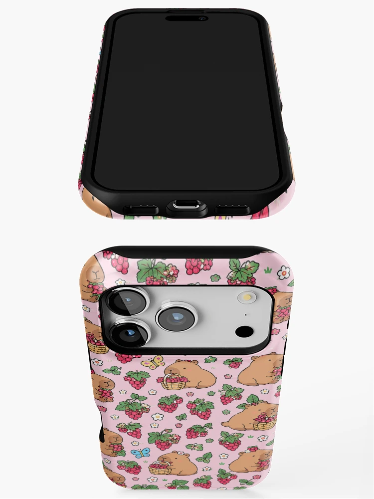 Thumbnail 3 of 4, iPhone Case, Capybara Raspberry Garden Pattern designed and sold by Soft Berry Studio.