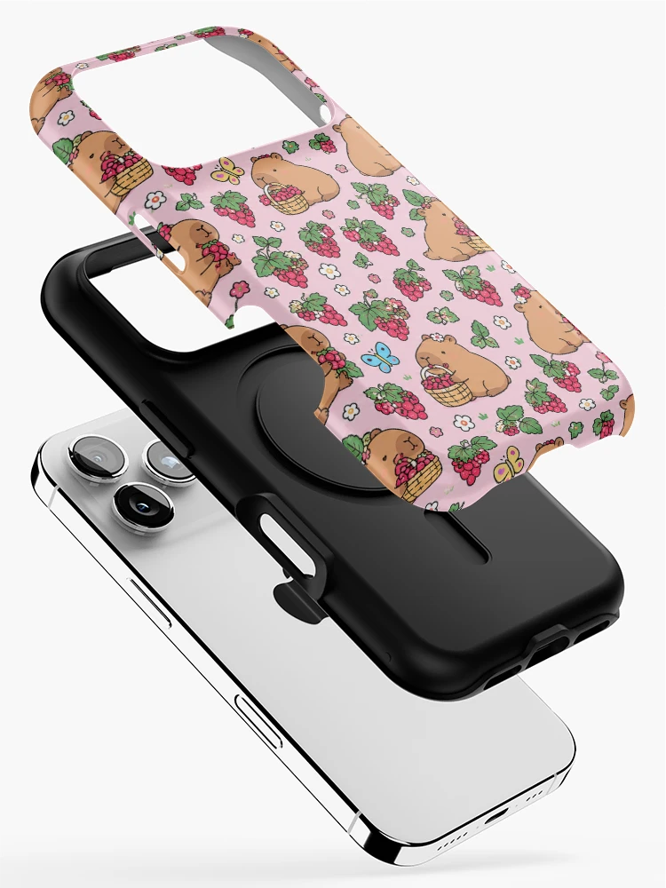 Thumbnail 2 of 4, iPhone Case, Capybara Raspberry Garden Pattern designed and sold by Soft Berry Studio.