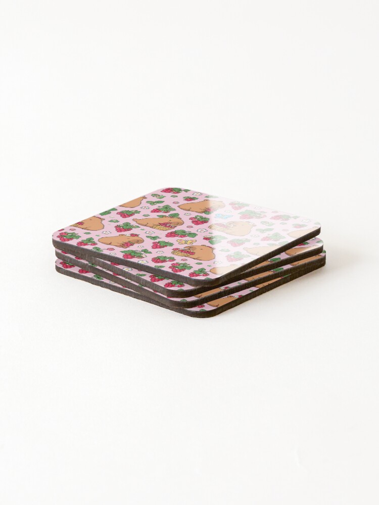Thumbnail 4 of 5, Coasters (Set of 4), Capybara Raspberry Garden Pattern designed and sold by SoftBerryStudio.