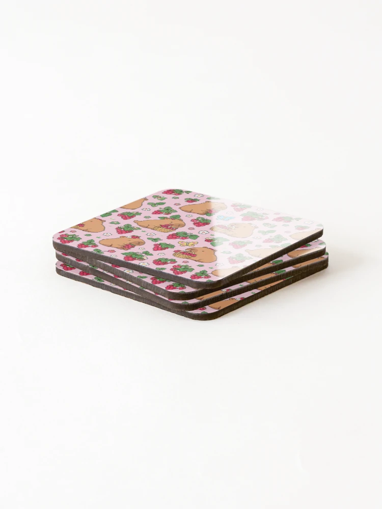 Thumbnail 4 of 5, Coasters (Set of 4), Capybara Raspberry Garden Pattern designed and sold by Soft Berry Studio.