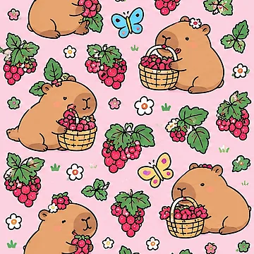 Artwork thumbnail, Capybara Raspberry Garden Pattern by Soft Berry Studio