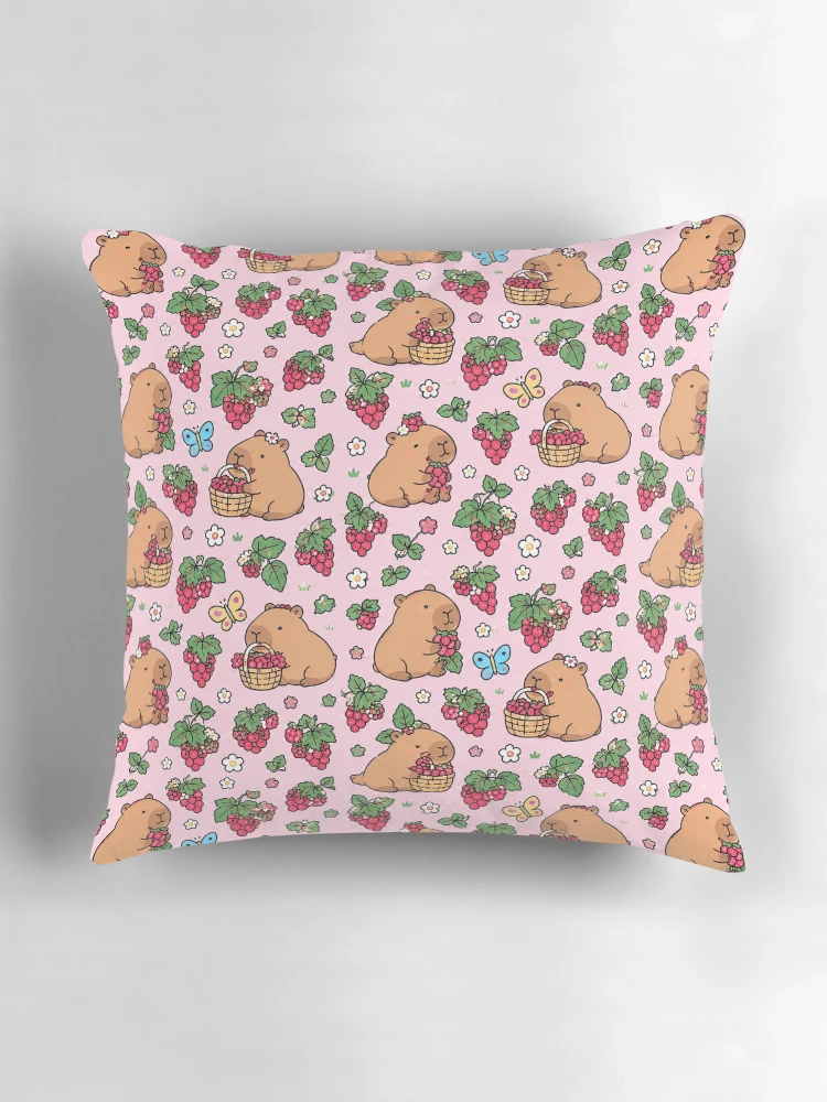 Thumbnail 3 of 4, Pillow, Capybara Raspberry Garden Pattern designed and sold by Soft Berry Studio.