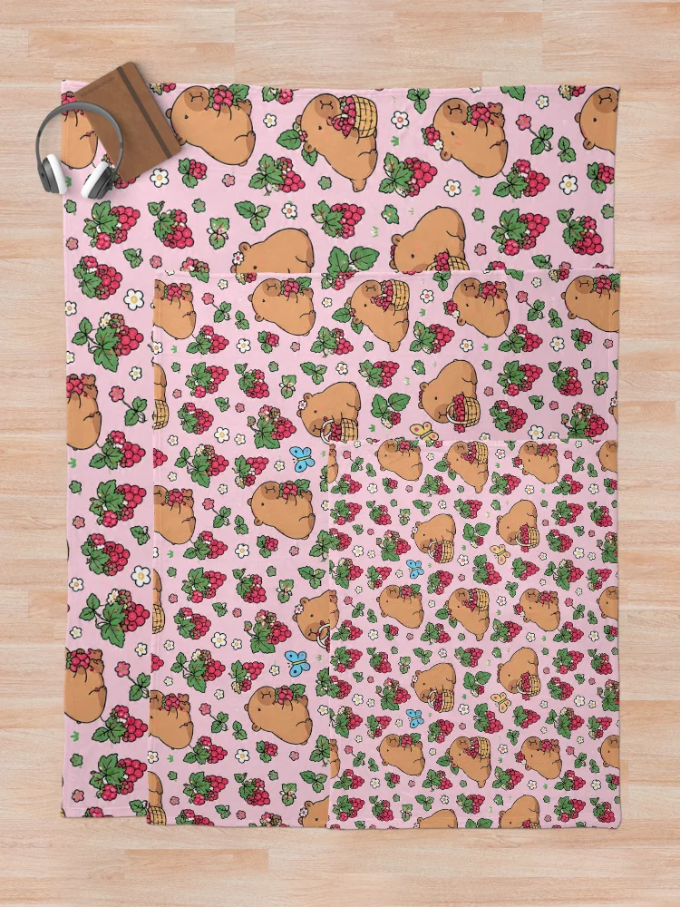 Thumbnail 5 of 6, Throw Blanket, Capybara Raspberry Garden Pattern designed and sold by Soft Berry Studio.