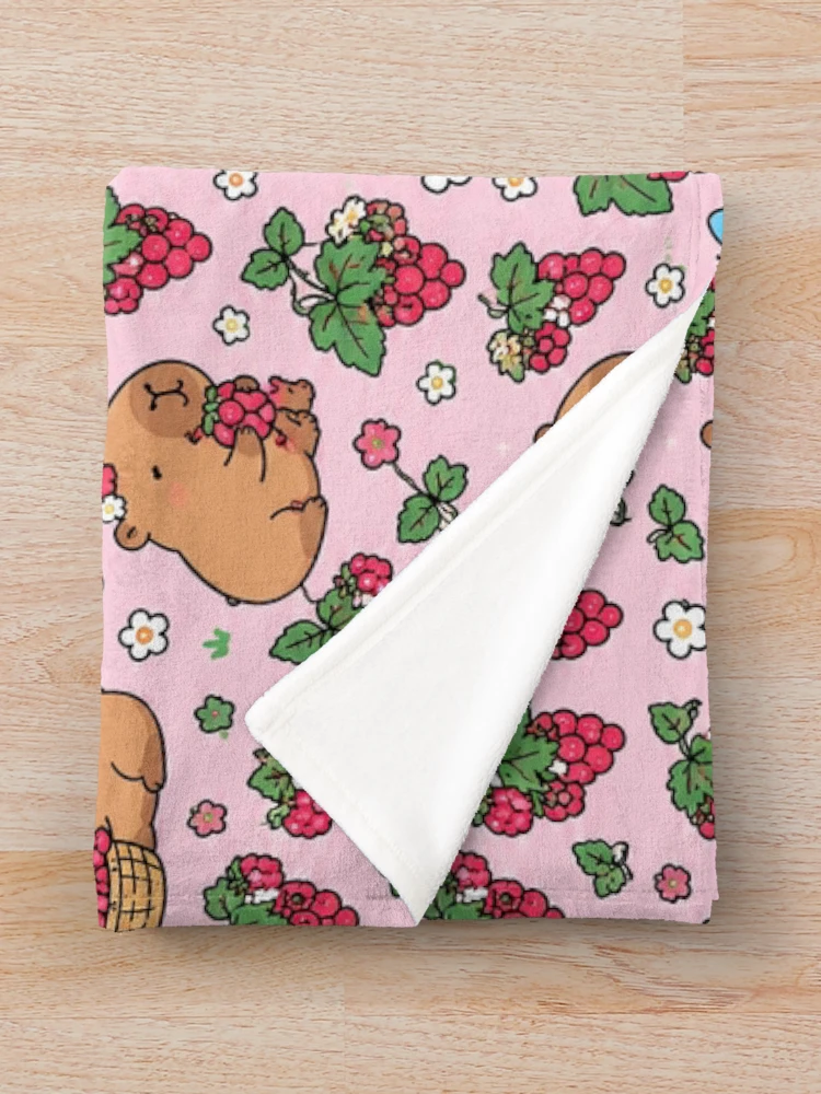 Thumbnail 3 of 6, Throw Blanket, Capybara Raspberry Garden Pattern designed and sold by Soft Berry Studio.