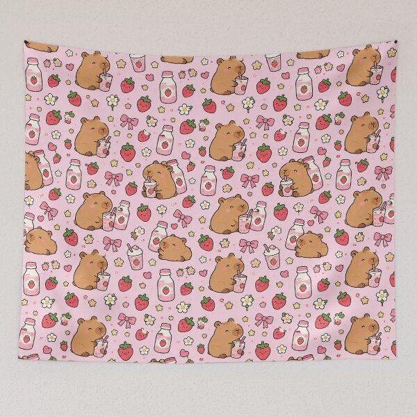 Artikelvorschau, Niedliches Capybara-Erdbeermilchmuster entworfen und verkauft von Soft Berry Studio.