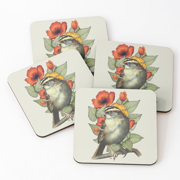 Item preview, Sparrow with Bright Red and Yellow Flowers, Poppies, Bird designed and sold by JoyfulWhimsy.