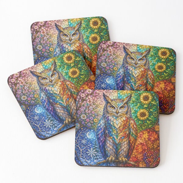 Item preview, The Owl of the Four Seasons – Guardian of Time in Stained Glass designed and sold by Pixel Otaku Gallery.