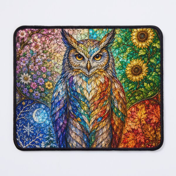 Item preview, The Owl of the Four Seasons – Guardian of Time in Stained Glass designed and sold by Pixel Otaku Gallery.