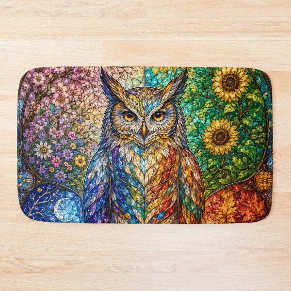 Item preview, The Owl of the Four Seasons – Guardian of Time in Stained Glass designed and sold by Pixel Otaku Gallery.