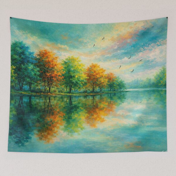 Item preview, Autumn’s Mirror – Vibrant Teal & Orange Fall Lake Landscape designed and sold by Joey Santiago.