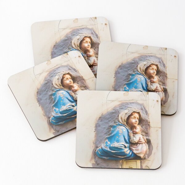Item preview, Weathered Virgin Mary and Baby Jesus Wall Shrine Sculpture in Blue Cloak Above Light Switch designed and sold by Nmallia.