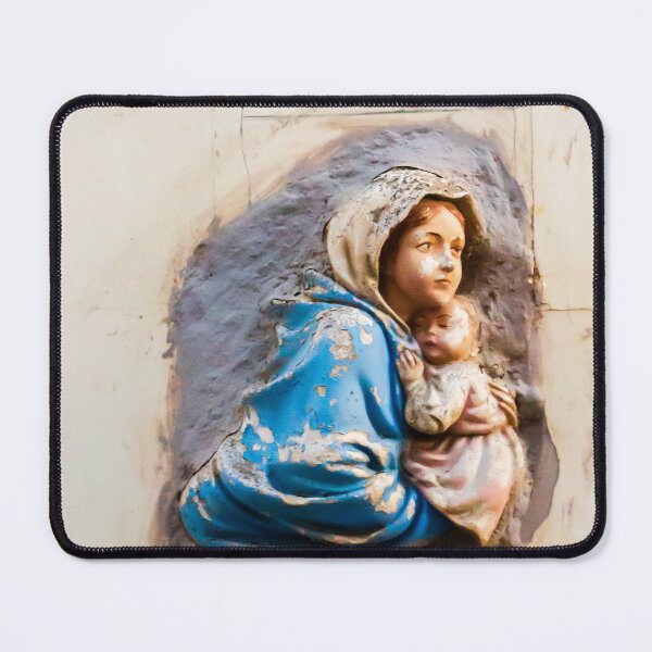 Item preview, Weathered Virgin Mary and Baby Jesus Wall Shrine Sculpture in Blue Cloak Above Light Switch designed and sold by Nmallia.