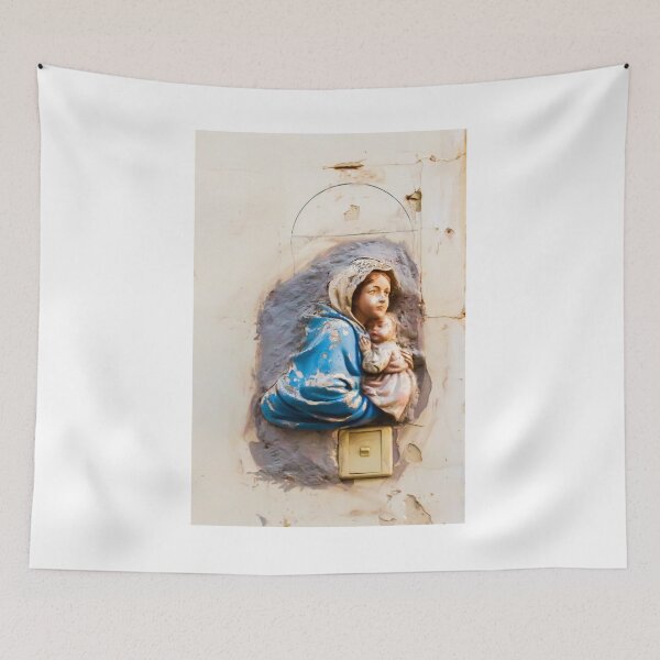 Item preview, Weathered Virgin Mary and Baby Jesus Wall Shrine Sculpture in Blue Cloak Above Light Switch designed and sold by Nmallia.