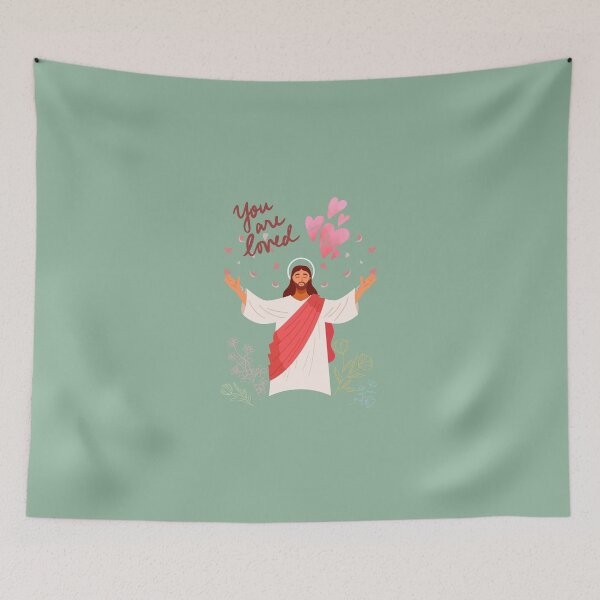 Item preview, "You are loved" Jesus - Illustration Hearts and Flowers Sage Green designed and sold by Dany and Dom.