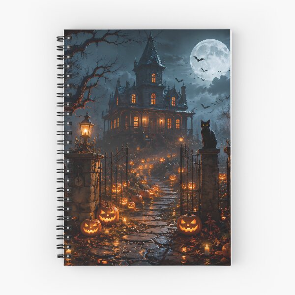 Item preview, Spooky Haunted House Landscape with Jack-O'-Lanterns and Full Moon designed and sold by Dreamy Armine Art.