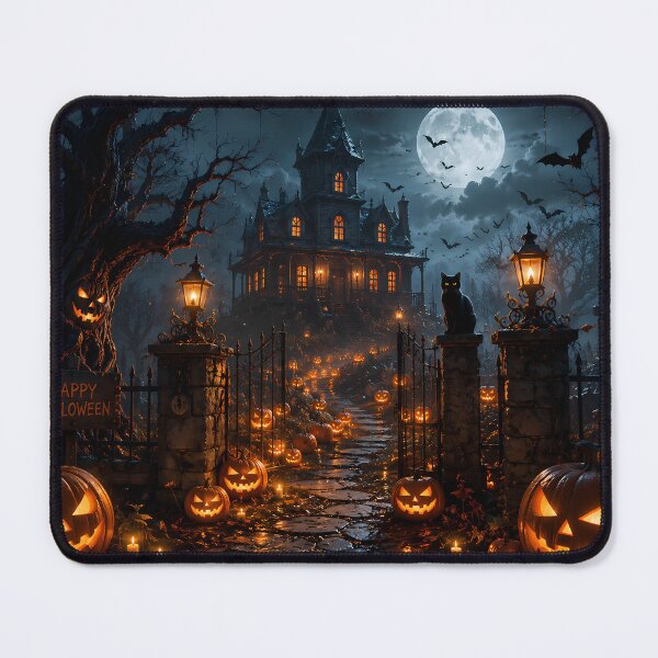 Item preview, Spooky Haunted House Landscape with Jack-O'-Lanterns and Full Moon designed and sold by Dreamy Armine Art.
