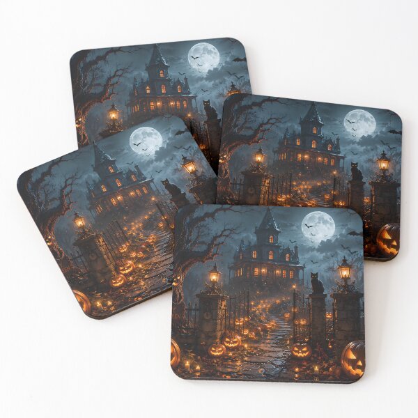 Item preview, Spooky Haunted House Landscape with Jack-O'-Lanterns and Full Moon designed and sold by Dreamy Armine Art.