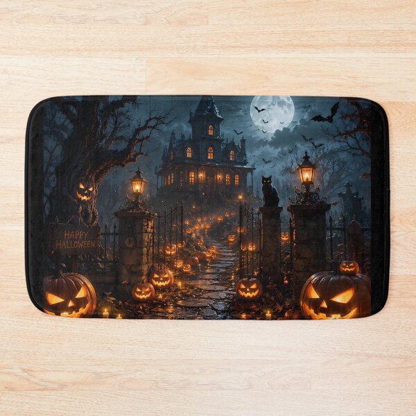 Item preview, Spooky Haunted House Landscape with Jack-O'-Lanterns and Full Moon designed and sold by Dreamy Armine Art.