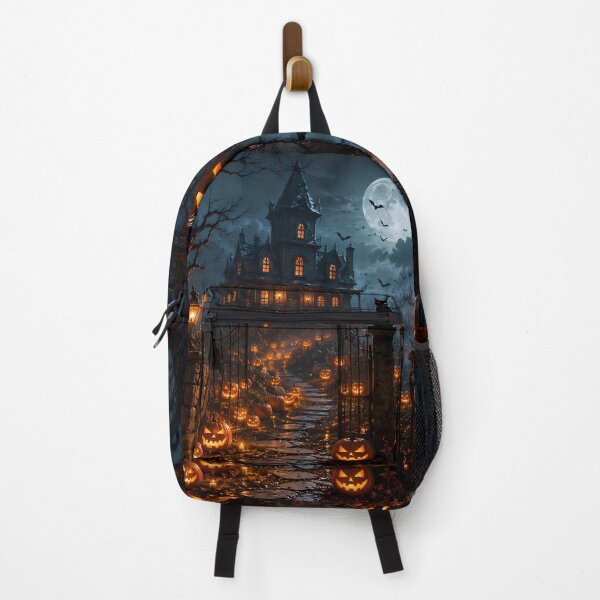 Item preview, Spooky Haunted House Landscape with Jack-O'-Lanterns and Full Moon designed and sold by Dreamy Armine Art.