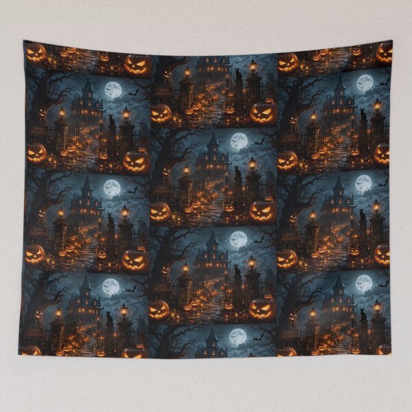 Item preview, Spooky Haunted House Landscape with Jack-O'-Lanterns and Full Moon designed and sold by Dreamy Armine Art.