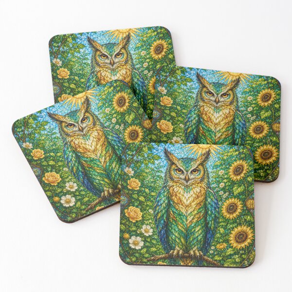 Item preview, The Summer Owl – Sun Guardian in stained glass designed and sold by Pixel Otaku Gallery.