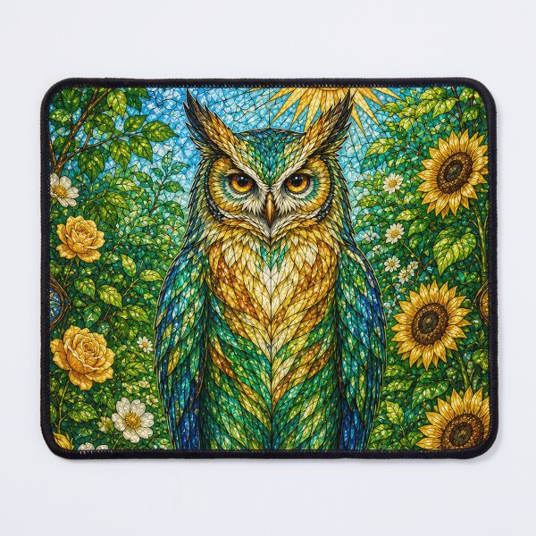 Item preview, The Summer Owl – Sun Guardian in stained glass designed and sold by Pixel Otaku Gallery.