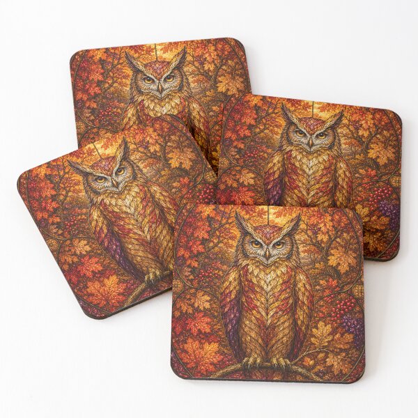 Item preview, The Autumn Owl – Flaming Guardian in Stained Glass designed and sold by Pixel Otaku Gallery.