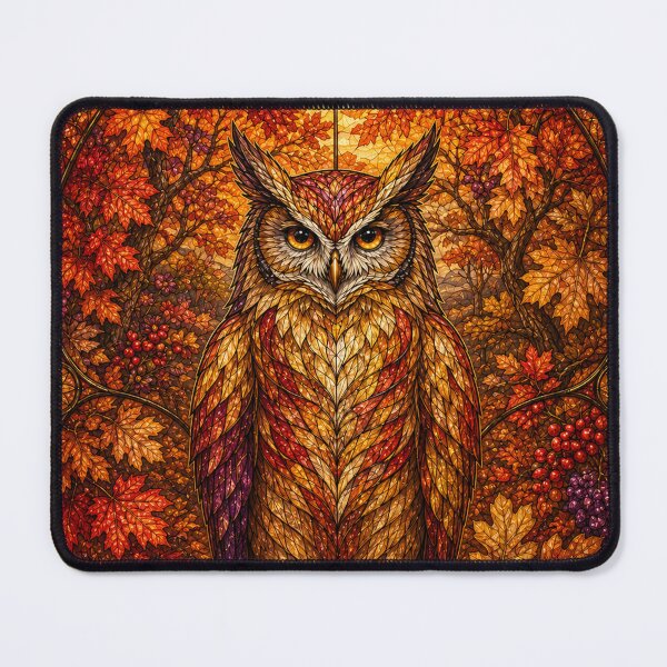 Item preview, The Autumn Owl – Flaming Guardian in Stained Glass designed and sold by Pixel Otaku Gallery.