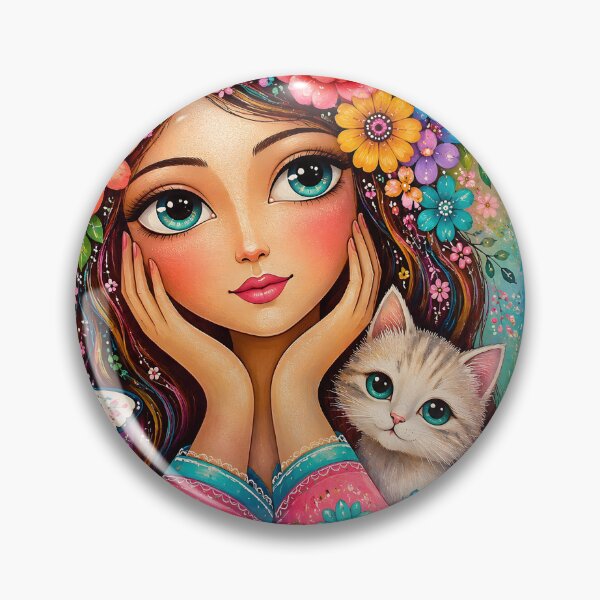 Item preview, Whimsical Floral Girl & Cat – Colorful Naive Folk Art designed and sold by AnyMar2023.