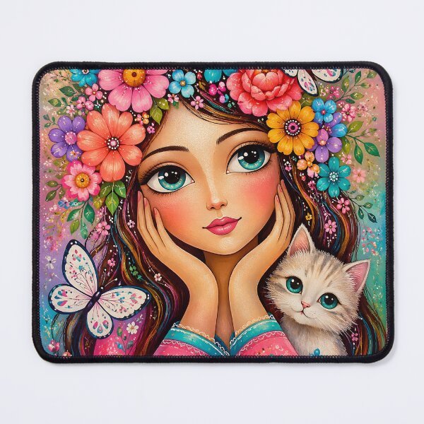 Item preview, Whimsical Floral Girl & Cat – Colorful Naive Folk Art designed and sold by AnyMar2023.