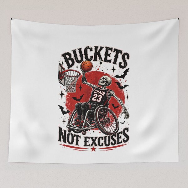 Item preview, Buckets Not Excuses - Wheelchair Basketball Skeleton Halloween designed and sold by Neurospicy Trolls.