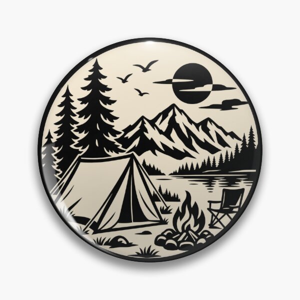 Item preview, Camping Mountain Badge – Black & White Wilderness Adventure designed and sold by Timber-Trail.