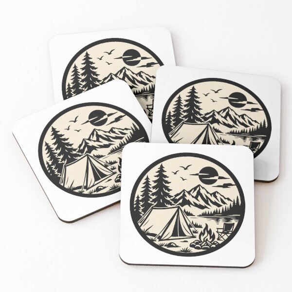 Item preview, Camping Mountain Badge – Black & White Wilderness Adventure designed and sold by Timber-Trail.