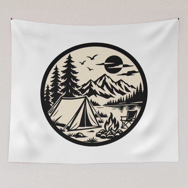 Item preview, Camping Mountain Badge – Black & White Wilderness Adventure designed and sold by Timber-Trail.