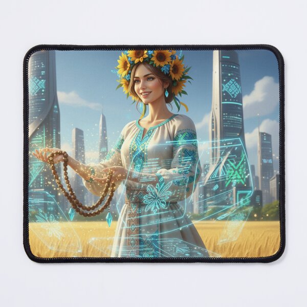 Item preview, Futuristic Ukraine Cyberpunk Woman in Sunflower Wreath designed and sold by ElenMart.