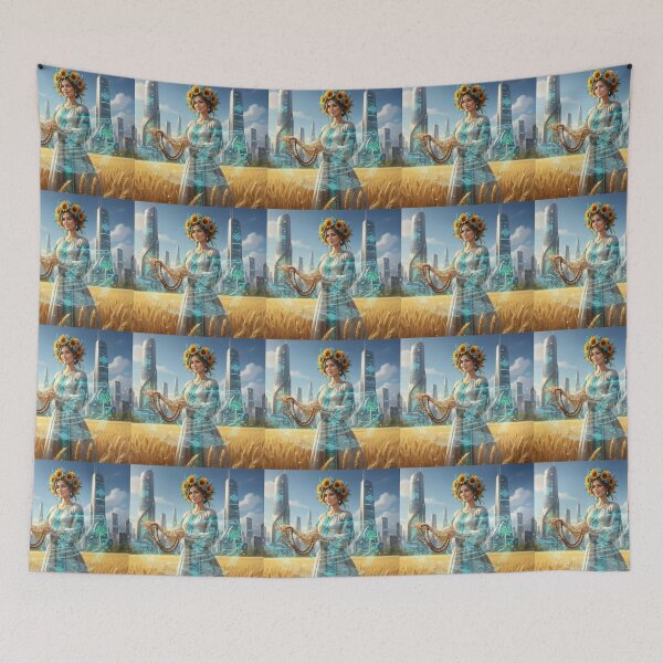 Item preview, Futuristic Ukraine Cyberpunk Woman in Sunflower Wreath designed and sold by ElenMart.