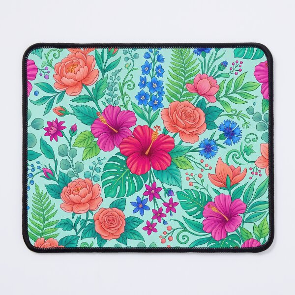 Item preview, Bright Pink Hibiscus and Orange Flowers on Teal Pattern designed and sold by Lasofficial.