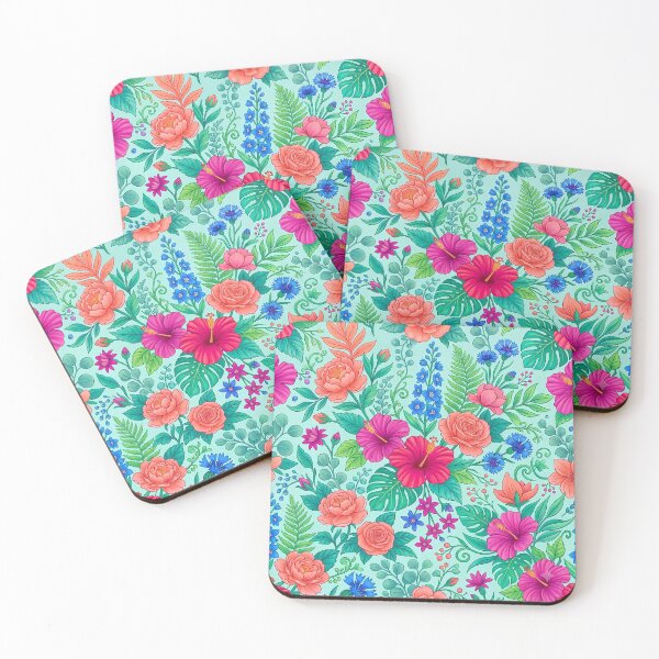 Item preview, Bright Pink Hibiscus and Orange Flowers on Teal Pattern designed and sold by Lasofficial.