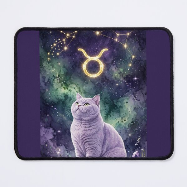Item preview, Mystical Taurus Cat With Golden Constellation and Amethyst Crystals designed and sold by Moody Vibes Studio.