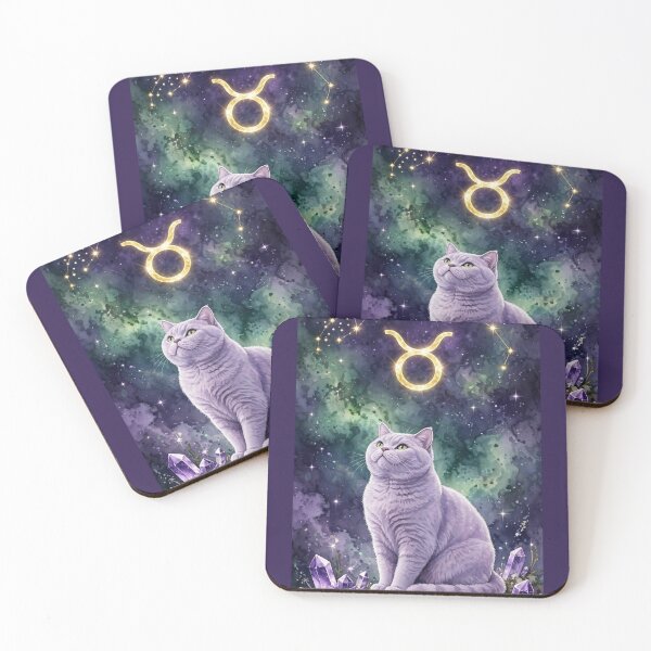 Item preview, Mystical Taurus Cat With Golden Constellation and Amethyst Crystals designed and sold by Luna's World - Moody Vibes Studio.