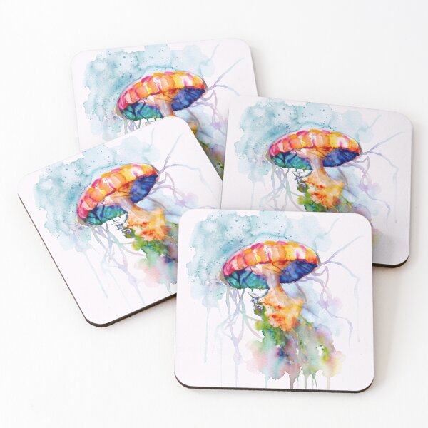 Item preview, Jellyfish Watercolor, Sunset Coral Indigo designed and sold by caracatita75.