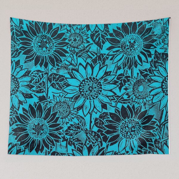 Item preview, Blue Sunflower Floral Nature Block Print Pattern designed and sold by Owcomm.