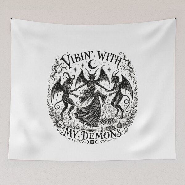 Item preview, Vibin' With My Demons - Vintage Witch Dancing With Demons Woodcut designed and sold by Neurospicy Trolls.