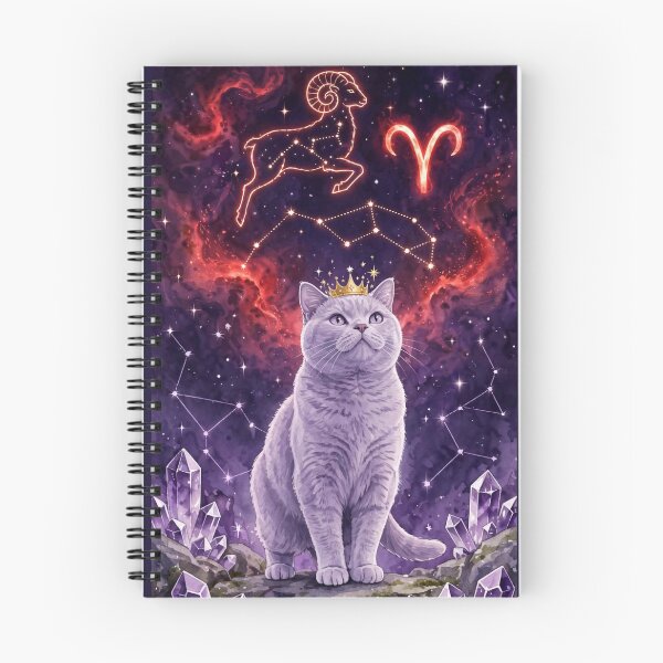 Item preview, Mystical Aries Cat With Golden Ram Constellation and Amethyst Crystals designed and sold by Moody Vibes Studio.