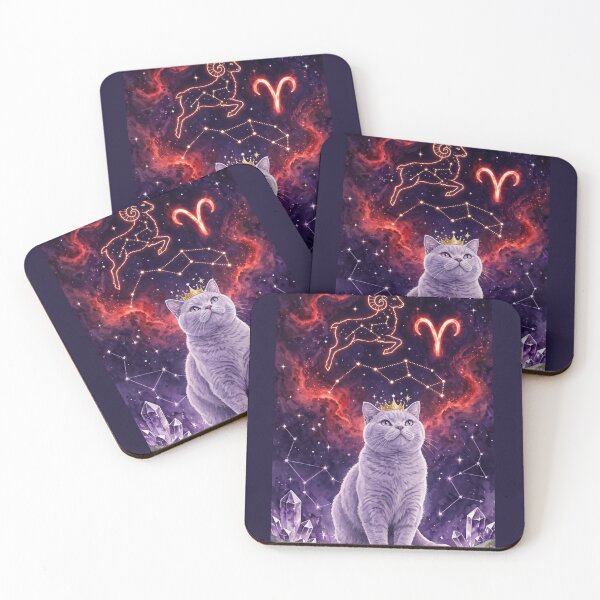 Item preview, Mystical Aries Cat With Golden Ram Constellation and Amethyst Crystals designed and sold by Luna's World - Moody Vibes Studio.