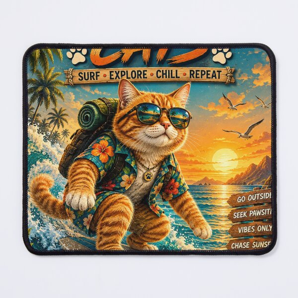 Item preview, Gatos aventureros surfeando – Diseño vintage retro de gato surfista al atardecer tropical en la playa designed and sold by TeeVibeHaus.
