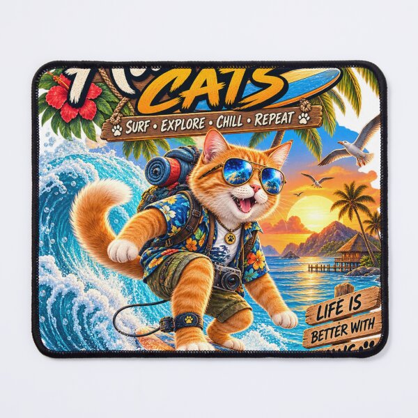 Item preview, Adventure Cats Surfing Tropical Paradise – Cute Orange Cat on Surfboard with Hawaiian Island Adventure Theme designed and sold by TeeVibeHaus.