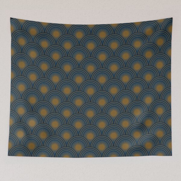 Item preview, Scalloped Suns in Poseidon Blue and Antique Gold designed and sold by YesterdayColl.