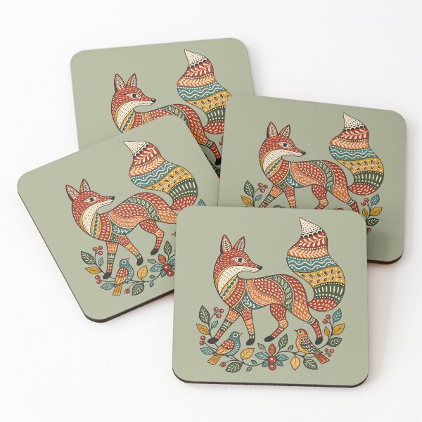 Item preview, Gond-Inspired Red Fox with Botanical Patterns and Birds designed and sold by  MAD's Recreation Studio.